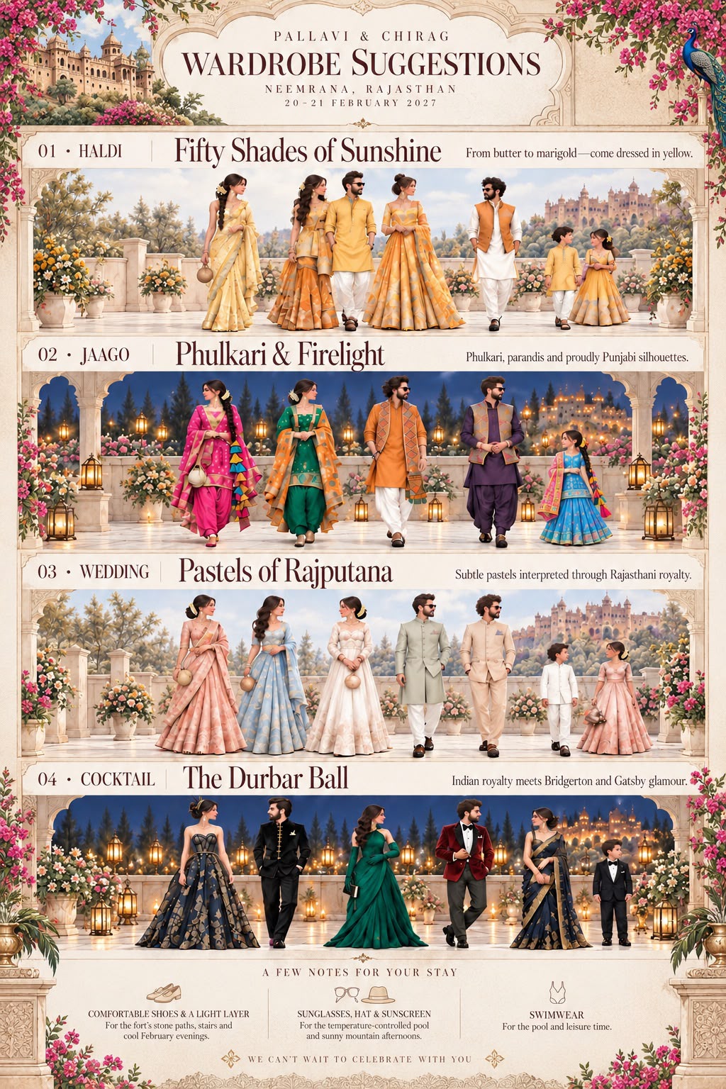 Wardrobe suggestions — Haldi, Jaago, the Wedding and the Durbar Ball